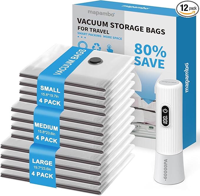 Mapambo Travel Vacuum Bags with -60000Pa LED Electric Pump, 12 Pack Vacuum Seal Bags for Clothing Travel in 3 Combo sizes, Space Saver Vacuum Storage Bags, Saving up to 80% of Space (12 Combo Size)