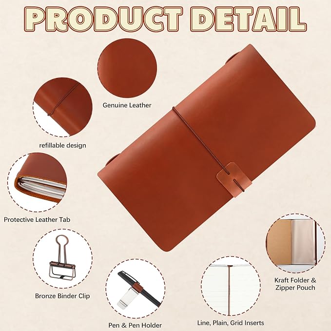 Thenshop Travelers Refillable Leather Journal Notebook Travel Diary Handmade Passport Travelers Journal for Men and Women with 3 Notebook Inserts, Pen Holder, Binder Clip(Brown,Stand Size)