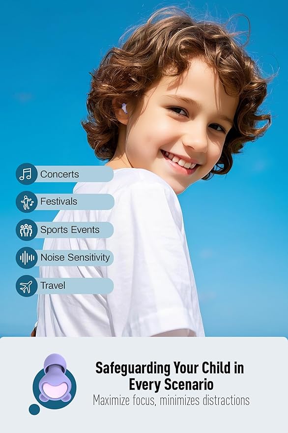 Kids Ear Plugs (6-12 Years) with Cord, Kids Ear Protection Reusable Noise Relief Earplugs for Focus, Travel, Concert, Socializing, Events, Sleep, Anxiety, Home, School, Playtime -26dB Noise Reduction