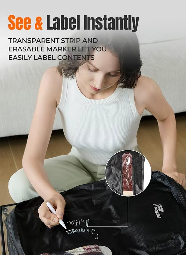 Vacuum Bags for Travel with Wireless Pump, 180° Open Zipper, IP67 Waterproof, Reusable Space Saver Compression Bags for Backpack, Suitcase, Home Storage(2 Pack + Pump)