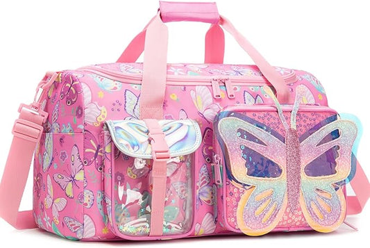 Butterfly Kids Duffle Bag Girls Ballet Dance Bag Overnight Travel Bags for Girls Gymnastics Sports Bags for Kids with Shoe Compartment