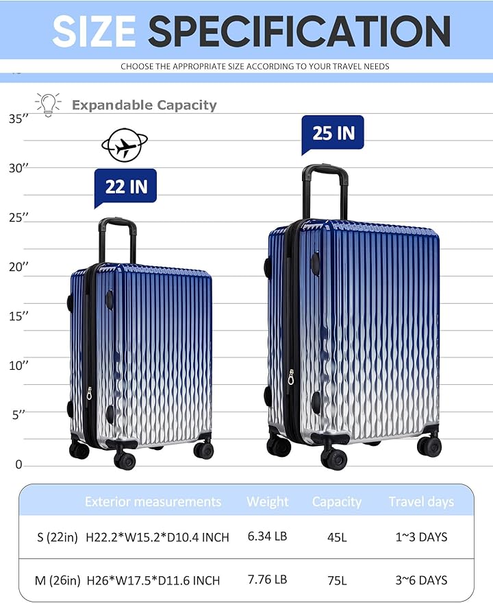 Checked 2 Sets 22 Inch/25 Inch Luggage, ABS+PC Hardshell Suitcase Lightweight Large Travel Luggage with Spinner Wheels & TSA Lock