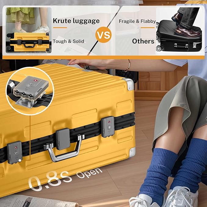 Krute Aluminum Frame Luggage 28 Inch Checked Suitcase with Spinner Wheels TSA Approved No Zipper Hard Shell Luggage PC+ABS Travel Suitcase