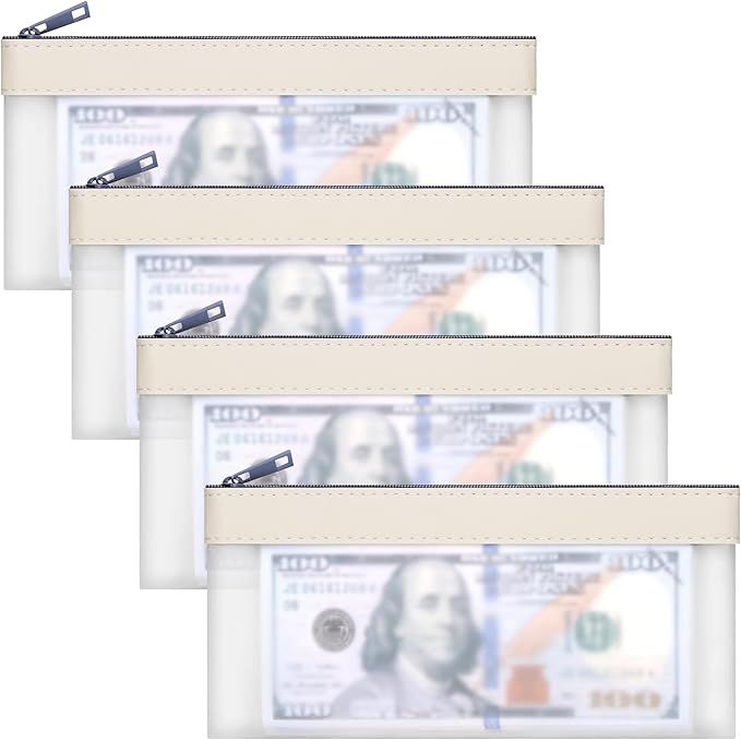 4 Pieces Money Bags With Zipper, Cash Envelopes,7.6 x 3.7 inch Money Pouch, Clear Bank Deposit Bags, Bank Bag, Cash Bag, Coin Bag for Collectors, Multi-Purpose Check Wallet （White）