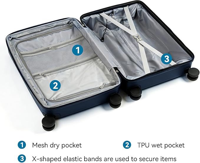 20 Inch Carry On Luggage with Spinner Wheels,PC Expandable Hard Shell Suitcase with USB Port,Lightweight Travel Luggage Airline Approved for Men Women (Navy Blue)