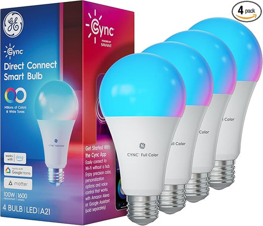 Cync GE Direct Connect A21 Smart LED Light Bulb, 4 Pack | Color Changing Smart Lights, Compatible with Alexa, Google Home, & Matter, Full Color