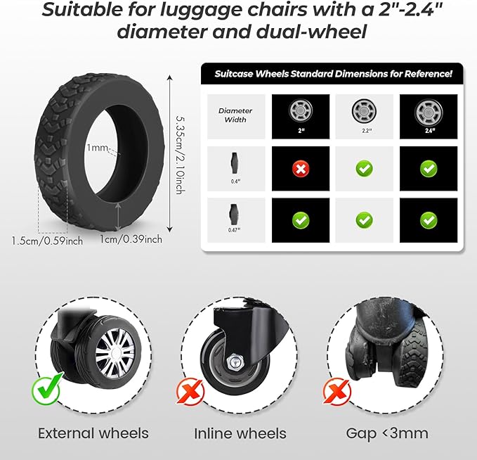 8 Pack Luggage Wheel Covers for Dual Spinner Wheels, Silicone Suitcase Wheel Protectors for 2.0"-2.4" Wheels, Noise Reducing & Anti-Scratch Tire Sleeves, Travel Accessories for Checked & Carry On