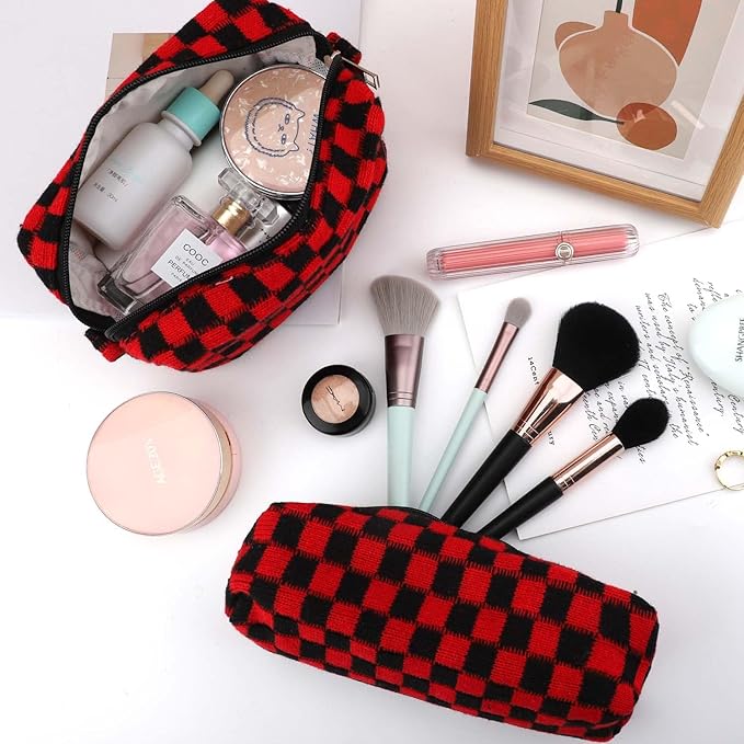 EIMMBD Makeup Bag 3 Pieces Large Capacity Checkered Cosmetic Bags Travel Toiletry Bag Organizer Cute Makeup Pouch Storage for Women(Red & Black)