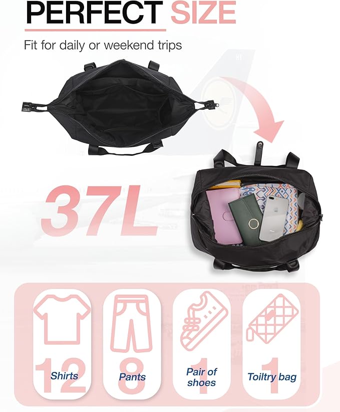 Weekender Bags for Women, BAGSMART Travel Duffel Bags with Shoe Compartment,Personal Item Travel Bag for Airlines, Carry on Overnight Tote Bag with Toiletry Bag(Black,2pcs)