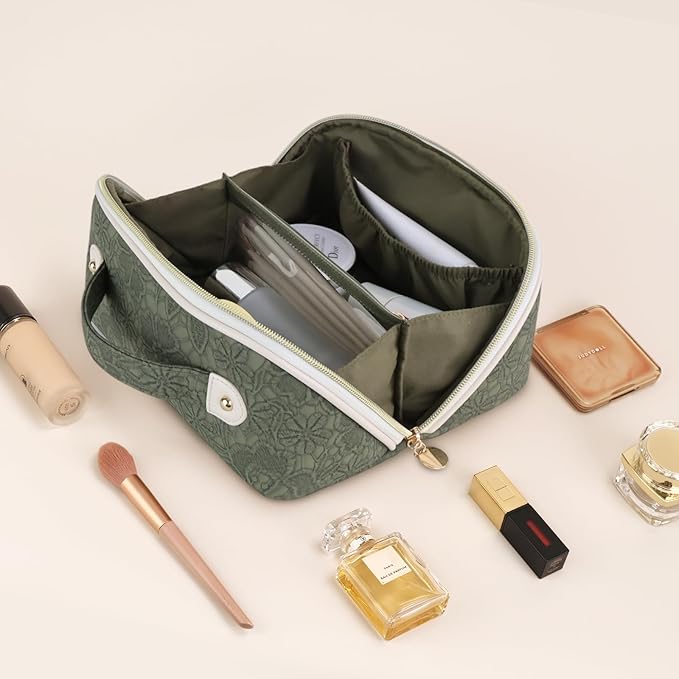 Prite Travel Cosmetic Bag Makeup Organizer Bag For Women Large Capacity Waterproof PU Leather Toiletry Bag with Handle and Clear Divider(Green Flower)
