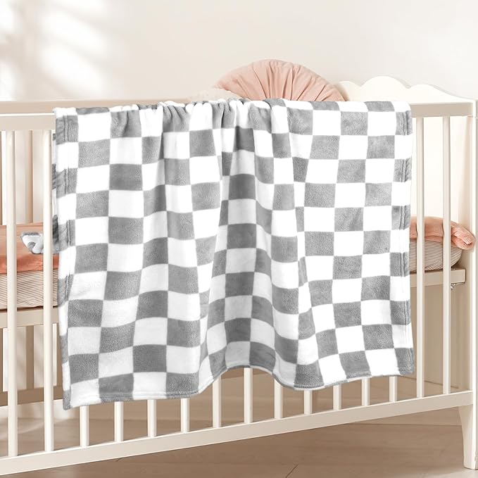 GreatBba Plush Checkered Baby Blanket for Boys Girls Nursery, 30"*40" Warm Short Fleece Blanket Neutral for Infant Newborn, Small Fuzzy for Sleeping, Chenille or Stroller (Gray&White)