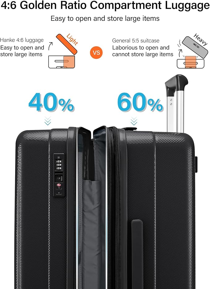 Hanke 24 Inch Plus Expandable Luggage Large Suitcases with Wheels, Medium Checked Luggage Hard Shell Suitcases, PC Trunk Luggage Extra Large Suitcase with Lock for Women Men(Jet Black)
