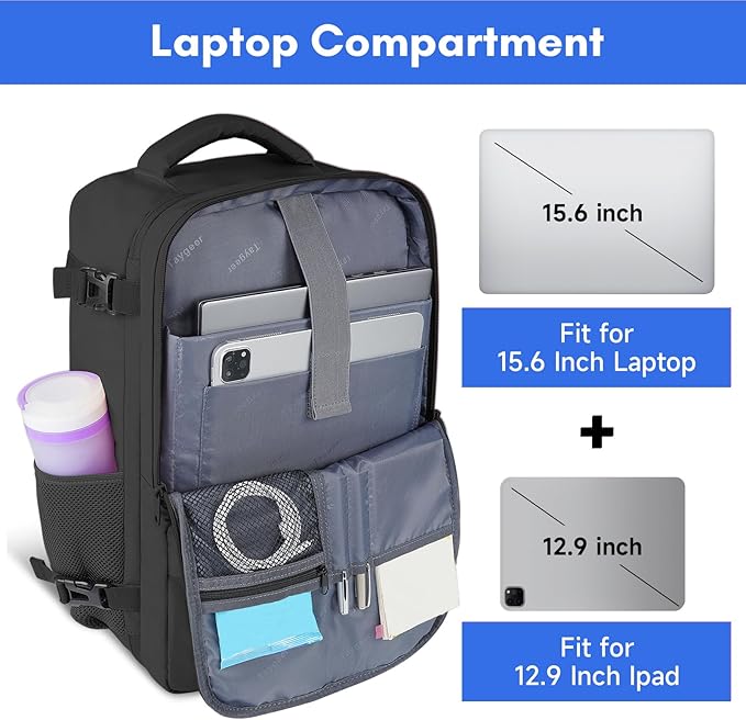 Taygeer Travel Laptop Backpack for Men Women, Airplane Approved Travel Backpack Suitcase with Water Bottle Pocket, Lightweight College 35l Luggage Bag 15.6inch Laptop Mochila Gifts for Business,Black