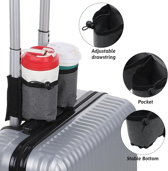 Luggage Cup Holder for Suitcase Foldable Beverage Carrier for Coffee Bottles Snacks, Suitcase Cup Holder Carrier for 2 Drinks Travel Universal Gray Airplane Drink Holders for Business Travelers
