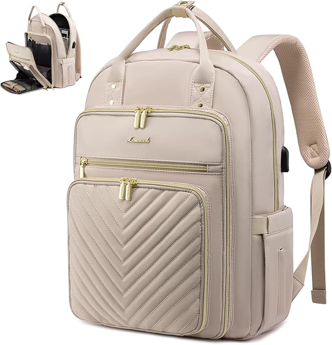 LOVEVOOK Laptop Backpack for Women, Water Resistant Travel Work Backpacks Purse Stylish Business Teacher Nurse Computer Bag with USB Charging Port,Antiquewhite