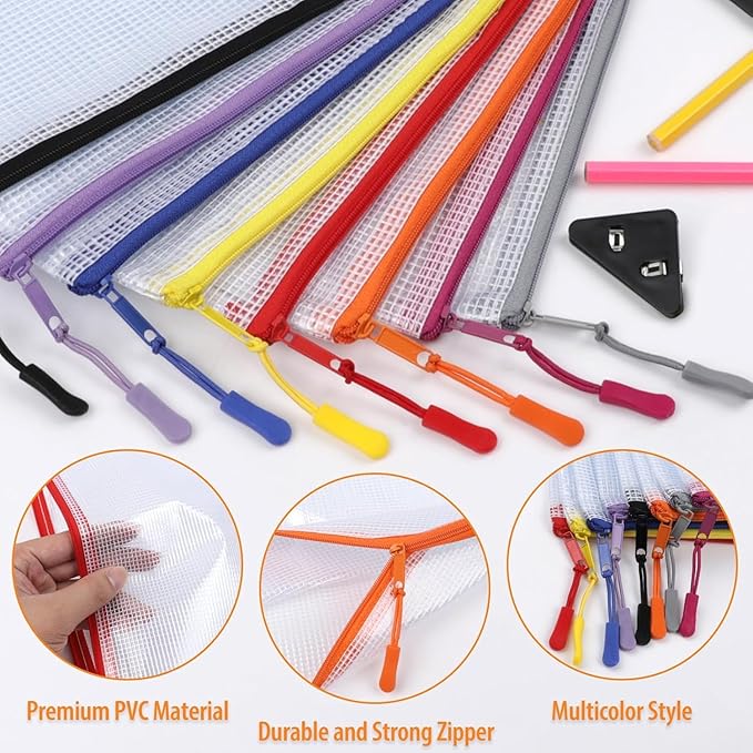 15PCS Mesh Zipper Pouch Bags File Storage Bags, A4 11x9 Inches Reusable Clear Zipper Pouches for Travel and Classroom Board Game Organization