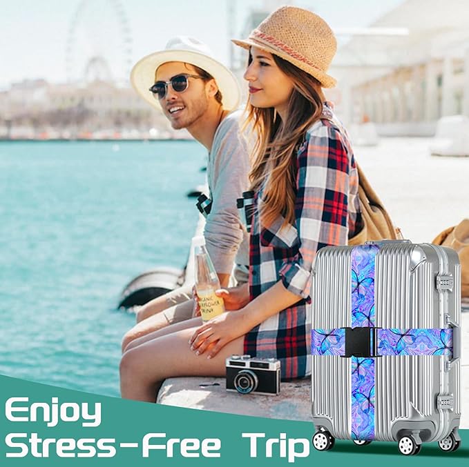 Slohif Luggage Straps for Suitcases Travel Belt Accessories Luggage Connector Identifiers 2 Pack Over Handle with Buckle Unique Nylon Adjustable Strap for Sleeping Bag Car Seat Butterfly