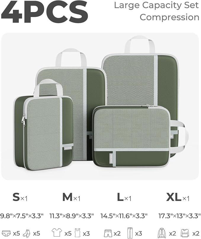 Percover Compression Packing Cubes 4-Piece Set, Packing Cubes Compression for Travel with Label Pockets, Travel Organizer for Carry On & Checked Luggage, Green