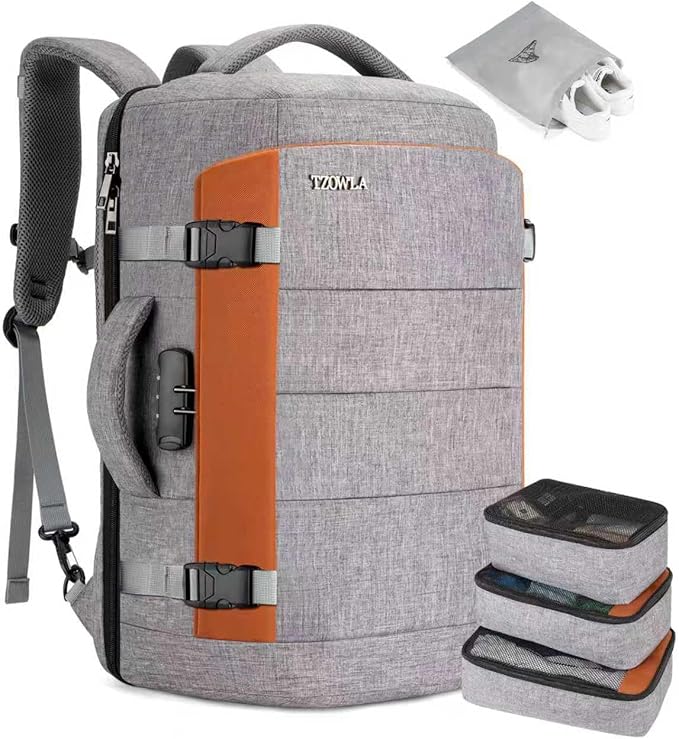Tzowla 40L Expandable Travel Laptop Backpack for Men Women Carry on Flight Approved,Large Capacity Anti Theft Backpacks with Giant Tumbler Holder Pocket,Personal Item Bag Fit 17.3" Computer（Grey