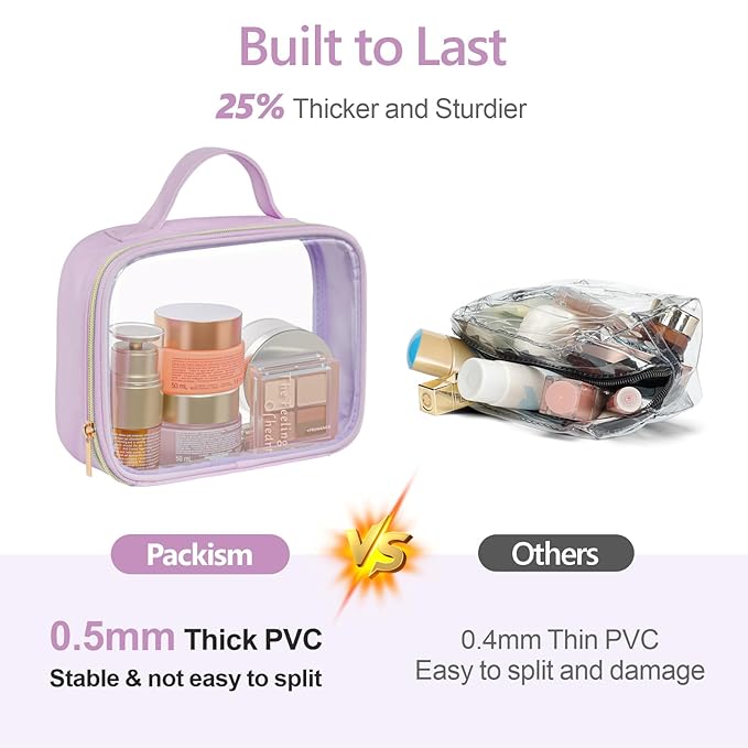 PACKISM Clear Makeup Bag Combo Pack, 1 TSA Approved Medium & Large for Checked Luggage, Clear Toiletry Bag with Handle, Water-resistant Travel Essentials Organizer, Purple