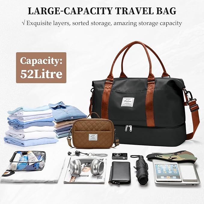 Weekender Bags for Women,Extra Large Travel Duffle Overnight Bag with Shoe Compartment,Personal Item Carry On Bag with Grid Toiletry Bag,Black & Brown