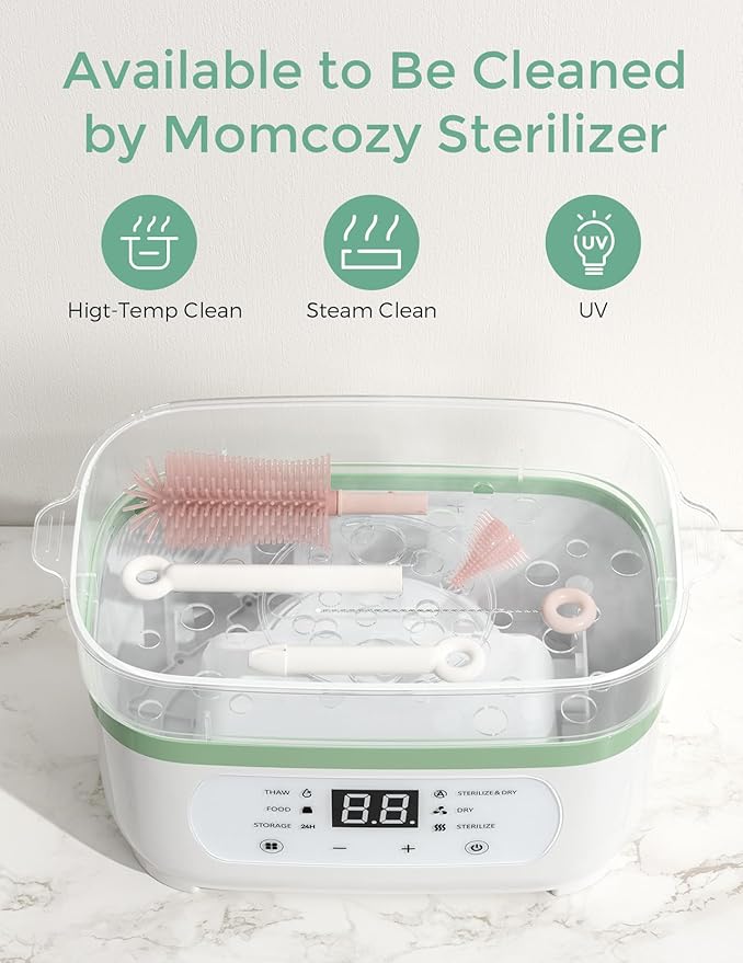 Momcozy 7-in-1 Baby Bottle Cleaner Kit with Silicone, Nipple & Straw Brushes, Soap Dispenser and Drying Rack - Portable Cleaning Tool for Home and Travel, Pink
