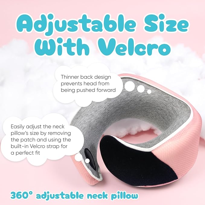 Proglobe Junior Kids Travel Neck Pillow - Ergonomic Memory Foam Pillow for Airplane, Car, Booster Seat - Soft, Washable, Compact Travel Pillow with Strap - Light Pink - Ages 4-13