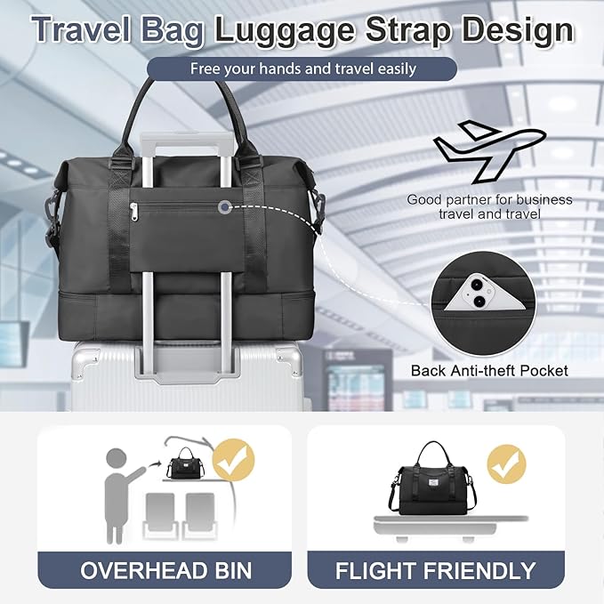 Weekender Bags for Women,Travel Duffel Bags with Shoe Compartment & Wet Pocket,Personal Item Travel Bag for Airlines,Carry on Overnight Tote Bag for women,3Pcs Set，Black