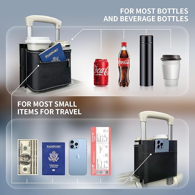Travel Luggage Cup Holder, Liveagain Drink Caddy, Luggage Cup Holder Attachment, Free Hand Suitcase Drink Carrier for Drinks Beverages, Coffee, Bottles, Snack (Black)