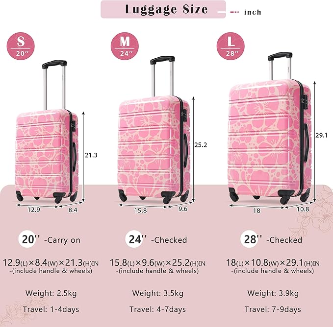 Merax Suitcase Set, Hardshell Luggage Sets 3 Piece with Spinner Wheels, Durable Printing Suitcase with TSA Lock Lightweight 20" 24" 28",Pink