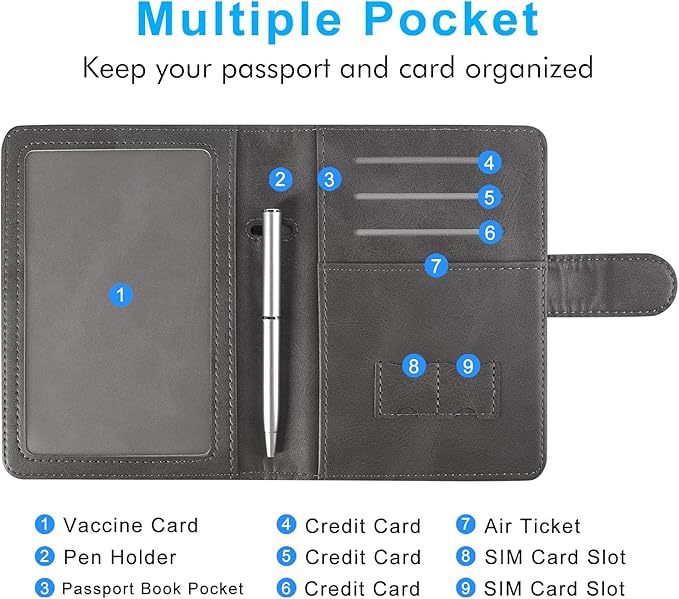 ACdream Passport and Vaccine Card Holder Combo, Cover Case with CDC Vaccination Card Slot, Leather Travel Documents Organizer Protector, with RFID Blocking, for Women and Men - Grey