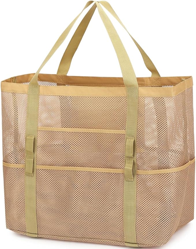 Fammart Mesh Beach Bag, Large Beach Tote with Zipper Pocket, Toys Pool Bag for Family Travel Vacation Cruise Essentials