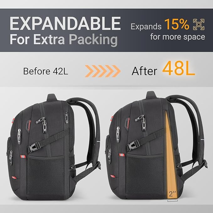 48L Expandable Laptop Backpack, Anti-thief Travel Backpack, Airline Approved Business Waterproof Carry on Luggage, Fits 17.3" Laptop for Men Women