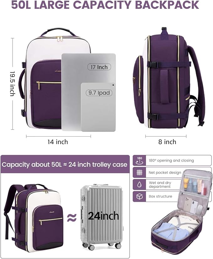 LOVEVOOK 50L Travel Backpack for Women & Men, Airline Approved Carry On Luggage with 3 Packing Cubes, TSA Overnight Bags, Waterproof Personal Item Bag, Weekender Essentials Backpacks fits 17" Laptop