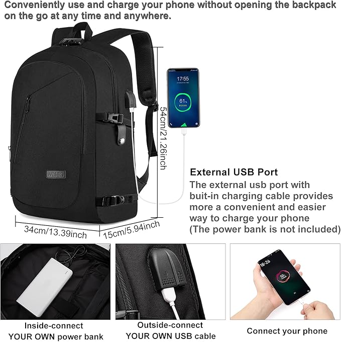 WENIG 17.3 Inch Laptop Backpack,Large Travel Laptop Bag with USB Charging Port, Anti Theft Water Resistant Business Backpack for Men and Women, Durable Big Capacity Heavy Duty Computer Bag,Black
