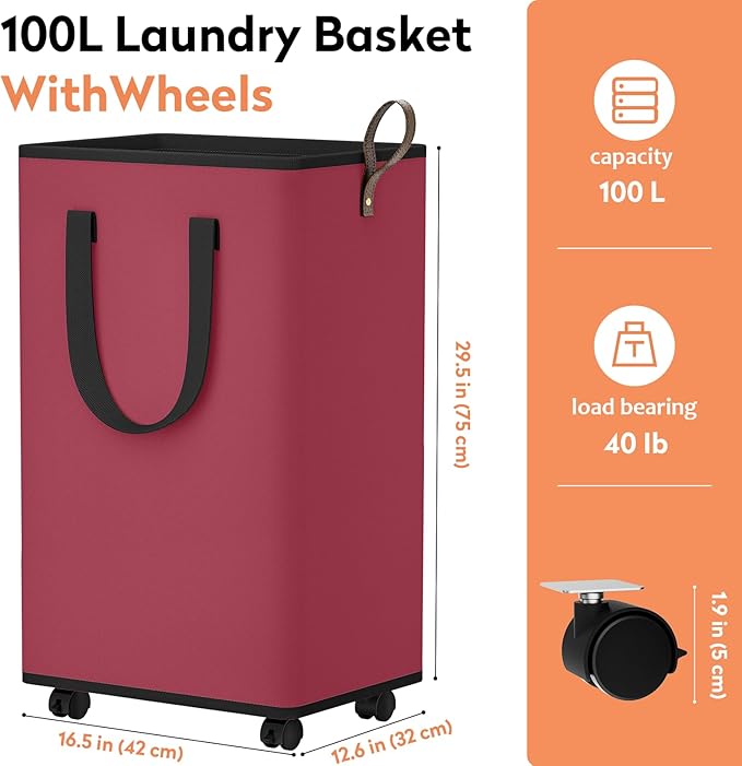 Laundry Basket with Wheels, Collapsible Laundry Baskets, Laundry Hamper with Handles Detachable Wheels, Rolling Laundry Basket, Dirty Clothes Hamper for Bathroom, Dorm, Bedroom, Red, 100L
