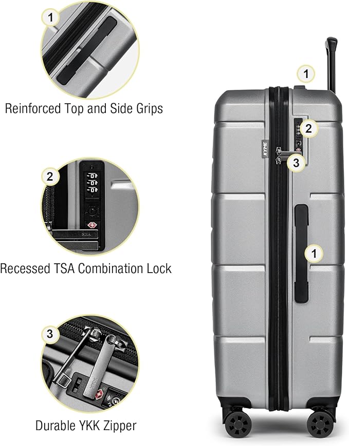 KYME Large Suitcases with Wheels Hardshell 28 Inch Luggage TSA Approved Big Checked Luggage Durable Travel Rolling Suitcase Women Men Silver Grey