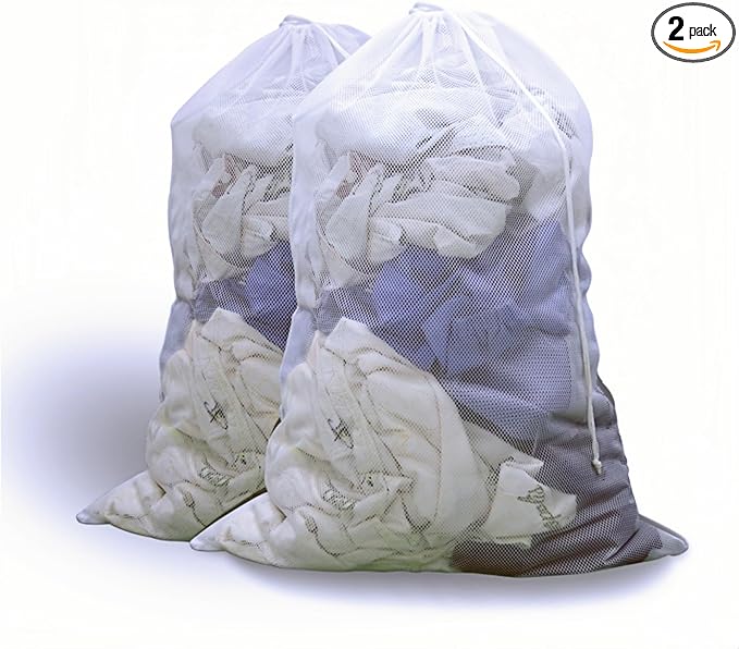 2 Pack Large Mesh Laundry Bag, 27×36inch White Laundry Hamper Liner, Heavy Duty Mesh Laundry Bags Drawstring Lockable, Machine Washable, for Ball Storage, Travel, Toys, Sports Factories, Dorms