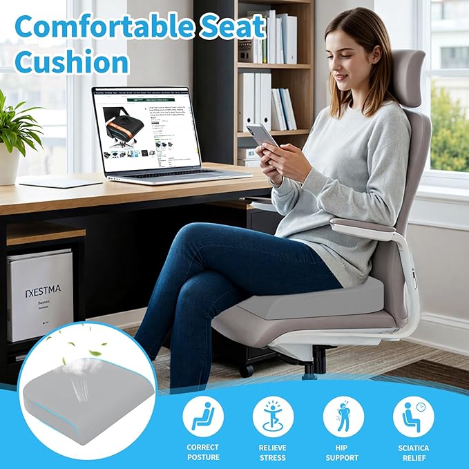 Large Seat Cushion, Memory Foam Cushion for Long Sitting Hours on Office Chair, Home & Car, Non-Slip Chair Pad for Relieving Back & Sciatica & Hip & Coccyx Pain (Light Grey)