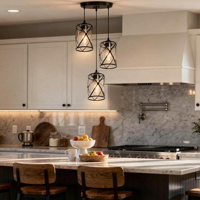 3 Light Pendant Lighting, Farmhouse Hanging Light Fixture for Kitchen Island & Dining Room, Industrial Vintage Ceiling Lamp with E26 Base, Adjustable Height, Matte Black with Glass Shades