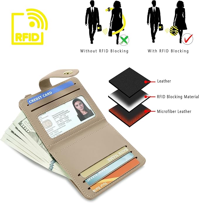 Airkit Small Wallets Woman RFID Blocking Leather Credit Card Holder - with ID Window - Card Wallets for Women - with Zipper Coin Purse - Keychain Wallet
