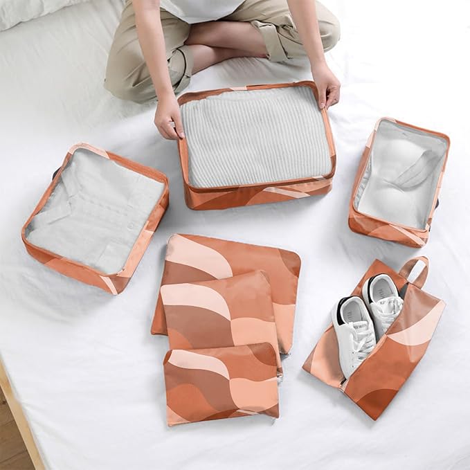 7 Set Packing Cubes Travel Luggage Organizers for Suitcase Travel Accessories with Shoe Bag for Girls Women Aesthetic Art Cute Wave Wavy Leaves-Red Brown