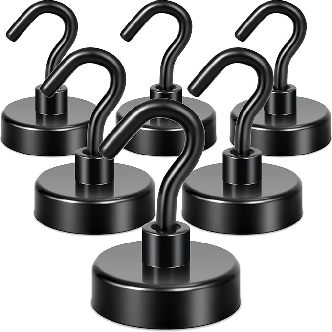 Neosmuk Magnetic Hooks,Heavy Duty Earth Magnets with Hook for Refrigerator, Extra Strong Cruise Hook for Hanging, Magnetic Hanger for Curtain, Grill(Matte Black, 6 Pack)