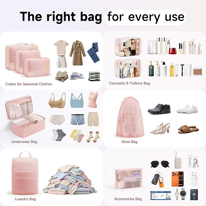 11 Set / 9 Set Packing Cubes for Travel,Gifts for Women Mom Kids,TSA Approved Bags for Makeup, Cosmetic, Toiletry, Organizers for Suitcase Carry On, Cruise Essentials Airplane Accessories, Pink