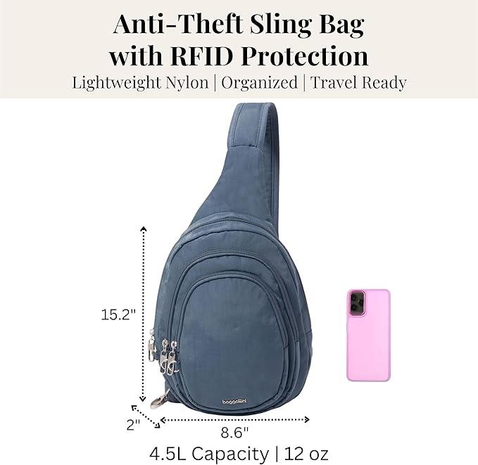 Baggallini Securtex® Anti-Theft Multi Zip Sling - Lightweight 8.6"x15.2" Travel Bag with Locking Zippers & RFID Protection