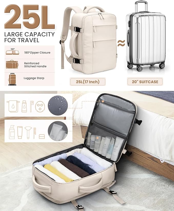 Travel Backpack for Women Man, Waterproof Laptop Backpack Travel Bag Airline Approved Carry on Weekender Overnight Bag Bookbag for Business,Travel, Work Fits 17.3 inch Laptop(Large,Beige)