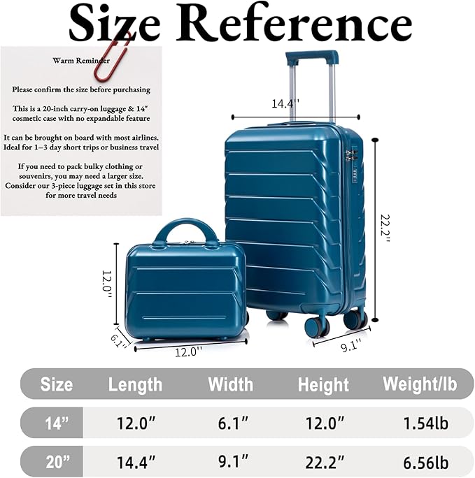 2-Piece ABS Hard Shell Lightweight Carry-On Luggage Set (14" & 20"), 360-Degree Spinner Wheels, Adjustable Telescopic Handle and Combination Lock for Travel, Dark Blue