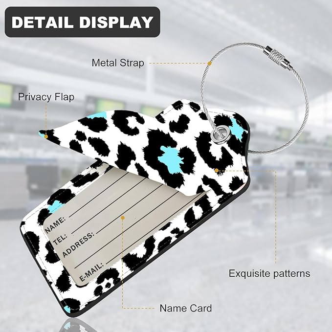2Pack Luggage Tags for Suitcases, Cute Unique Pu Leather Cruise Luggage Tag with Privacy Cover ID Label Address Card and Metal Ring Suitable for Women Men Kids Travel Bag black leopard print