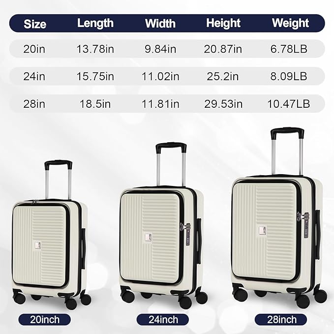 Merax Luggage Sets 3 Piece,Front Open PC Hardshell Expandable Carry on Suitcase with Spinner Wheels and TSA Lock,Lightweight 20in/24in/28in Luggage,Creamy White