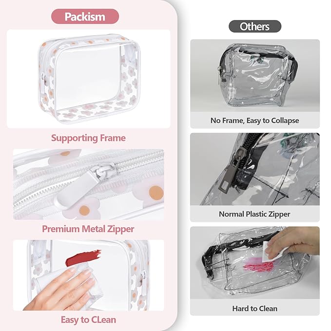 F-color TSA Approved Toiletry Bag 3 Pack Medium - Clear Makeup Bag Travel Quart Size for Women Men, Clear Cosmetic Bag Airport Airline Compliant Carry on Bag, Flower Print